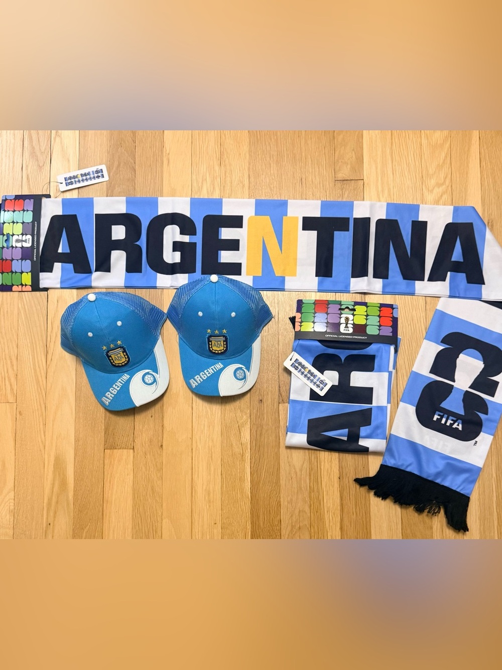Argentina Soccer World Cup Fan Pack - Team Hats (2) and fifa Scarfs (2) - NEW